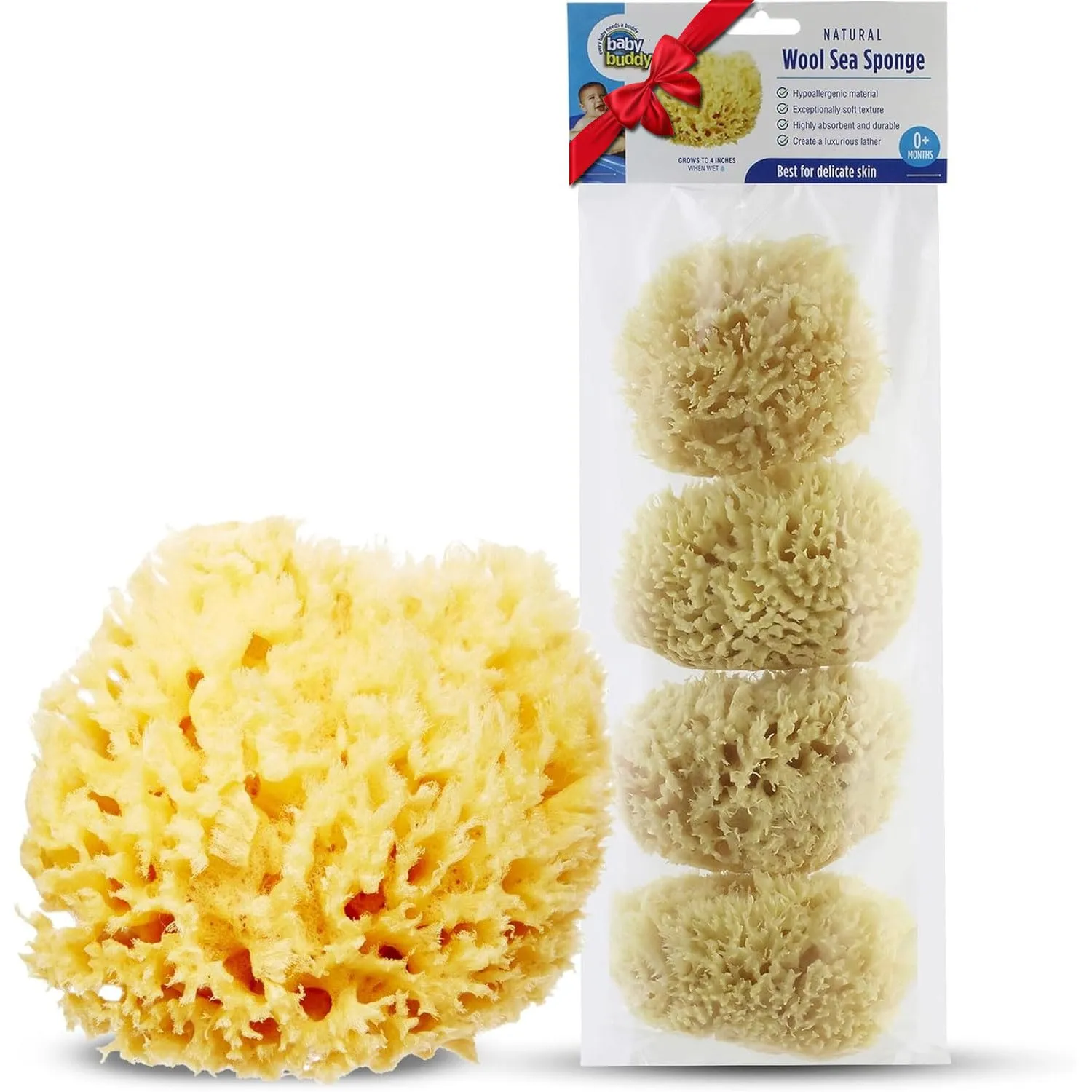 Baby Buddy Natural Wool Sea Sponge, Newborn Bath Time Essential, Ultra Soft for Delicate Skin, Hypoallergenic and Biodegradable, 4 Pack