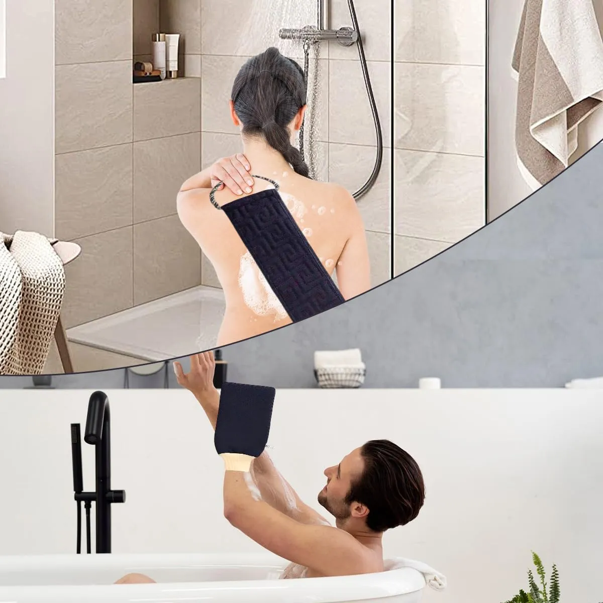Back scrubber and peeling glove, exfoliating gloves, shower brush back, washing aid to remove dead skin, double-sided, 2 pieces of bath accessories for women and men, bath and shower (navy blue).