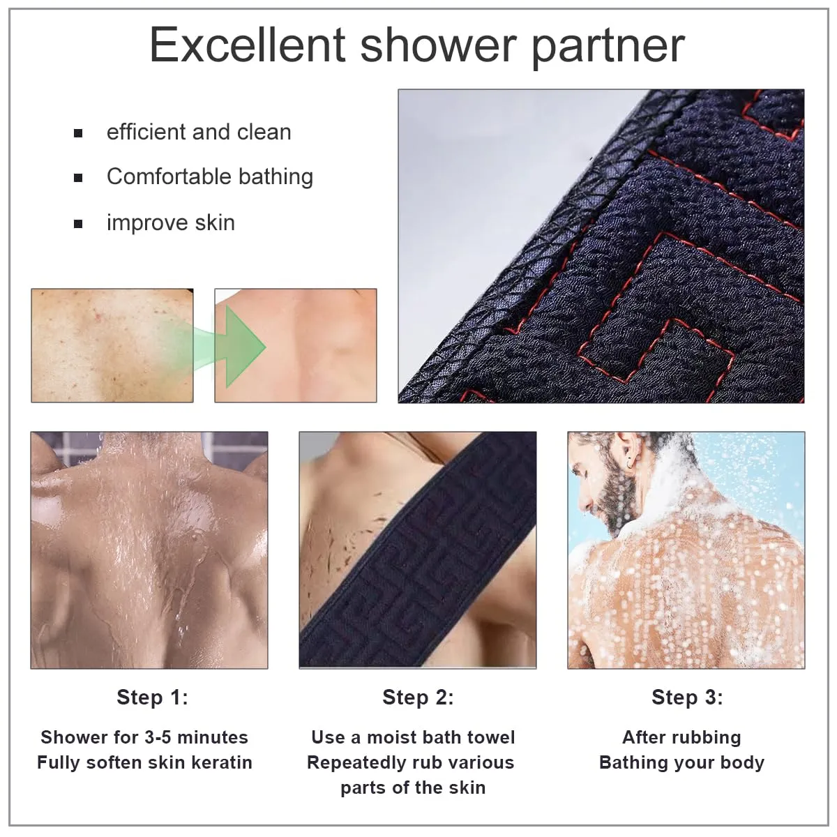 Back scrubber and peeling glove, exfoliating gloves, shower brush back, washing aid to remove dead skin, double-sided, 2 pieces of bath accessories for women and men, bath and shower (navy blue).