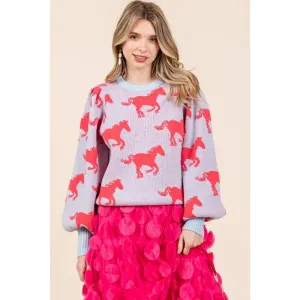Horse Print |  Knit Sweater | Powdered Blue
