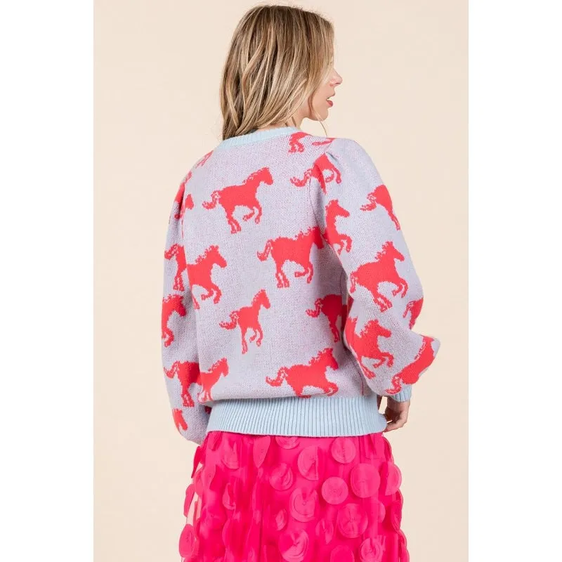 Horse Print |  Knit Sweater | Powdered Blue