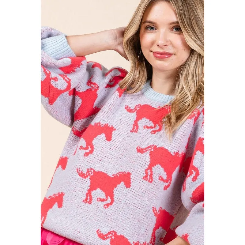 Horse Print |  Knit Sweater | Powdered Blue