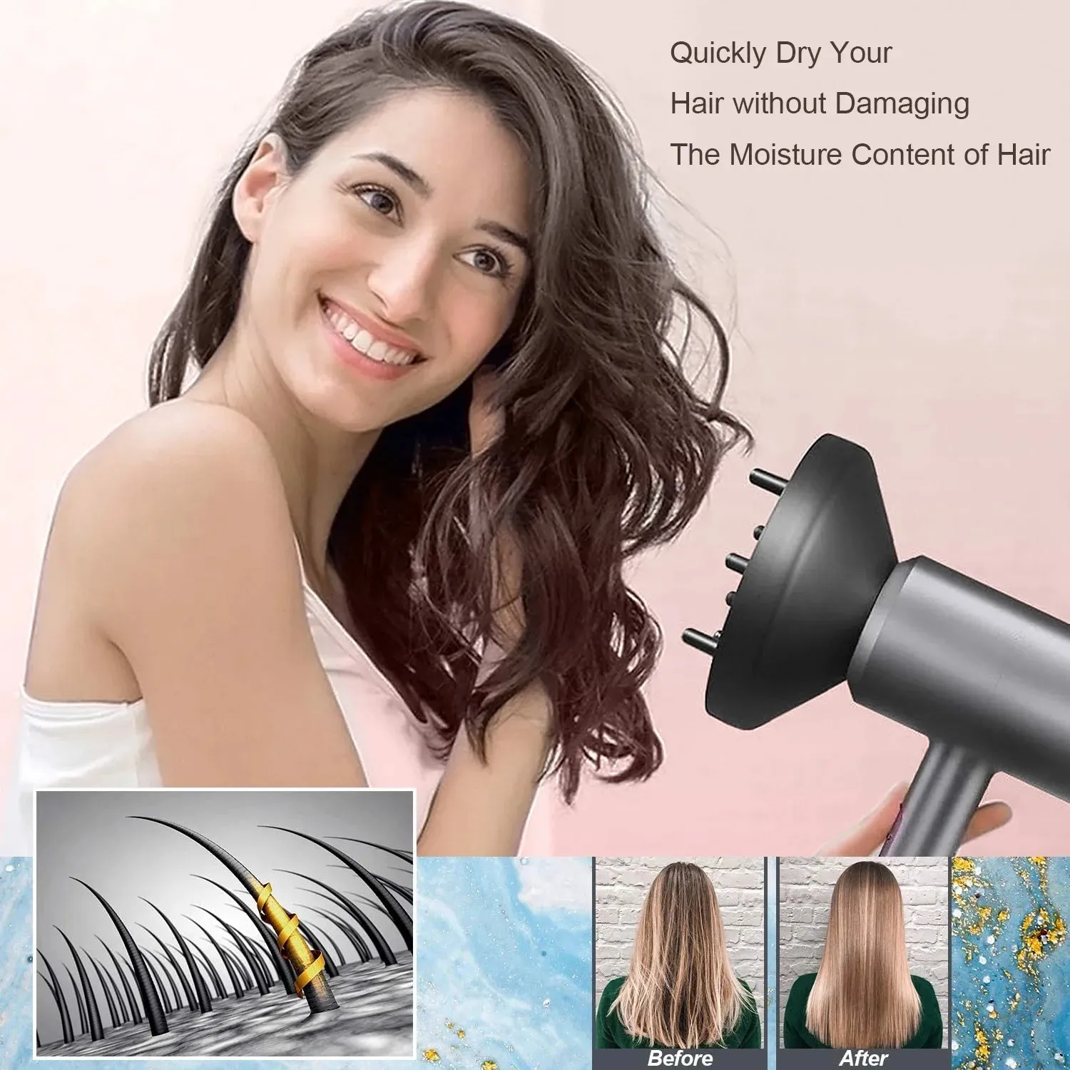 Ionic Hair Dryer with Diffuser, Jungle Wave 1800W Blow Dryer for Hair Care, Powerful Hot/Cool Wind, Gray