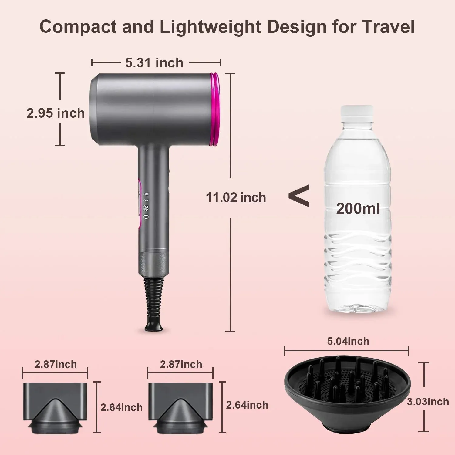 Ionic Hair Dryer with Diffuser, Jungle Wave 1800W Blow Dryer for Hair Care, Powerful Hot/Cool Wind, Gray